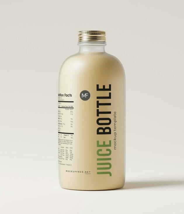 Minimalist juice bottle with nutrition label